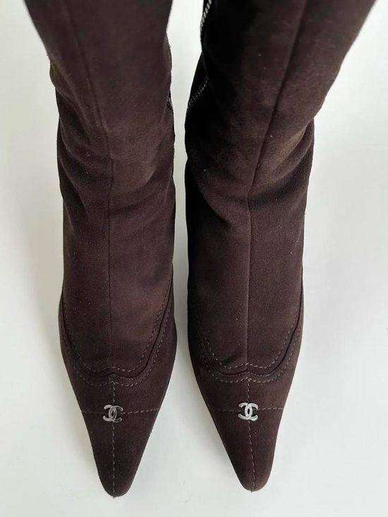 CHANEL Shoes - CHANEL Dark Brown Suede Pointed-Toe Knee Boots